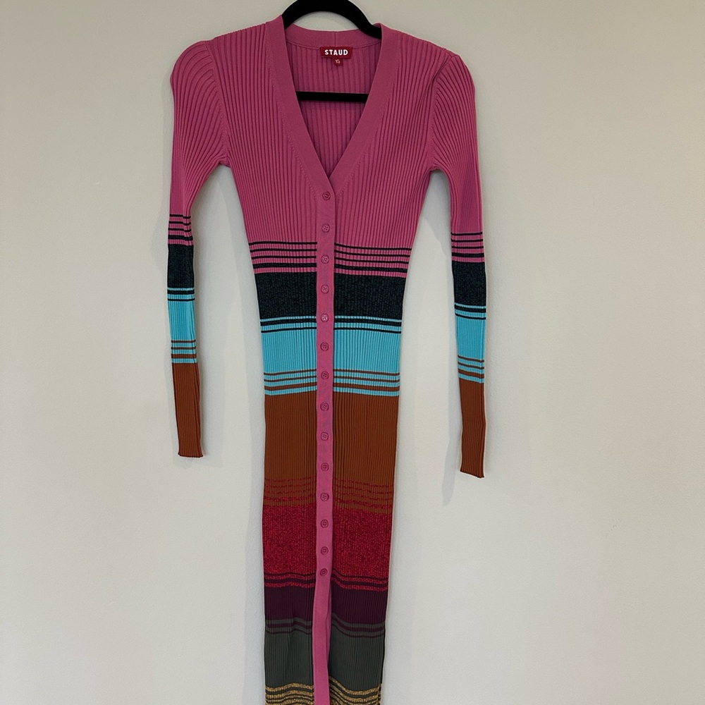 STAUD Pink and Blue Ribbed Long Sleeve Sweater Dress